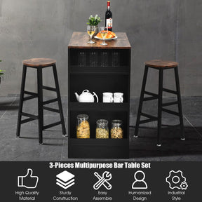 Giantex 3PCS Bar Table Set, Industrial Counter Height Table Set with 2 Bar Stools, Wooden Kitchen Dining Table Kit w/ 3-tier Side Shelf