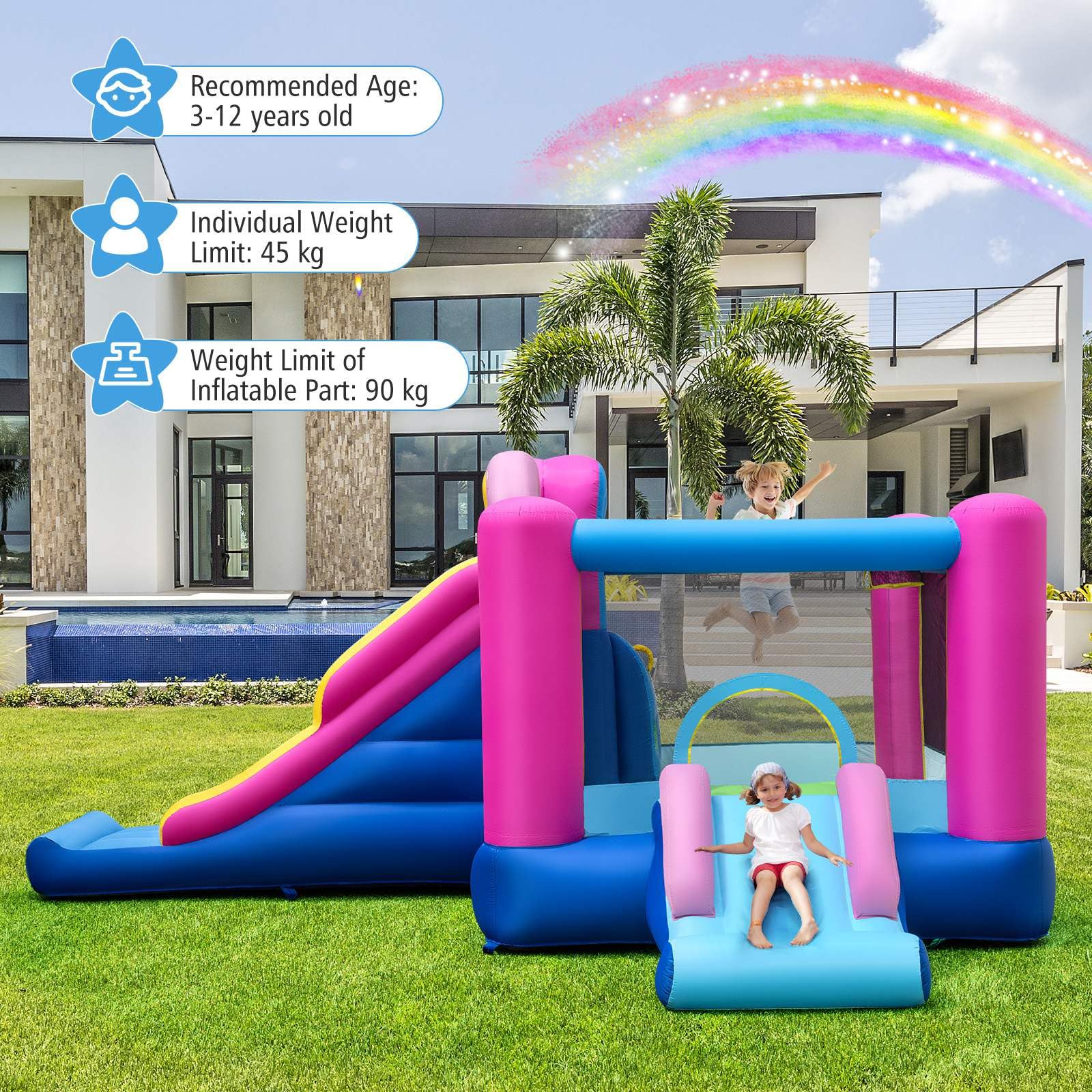 Inflatable Bounce House with Long Slides and Jumping Area