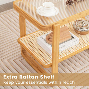 Giantex 2-Tier Bamboo Side Table w/Glass Top, End Table