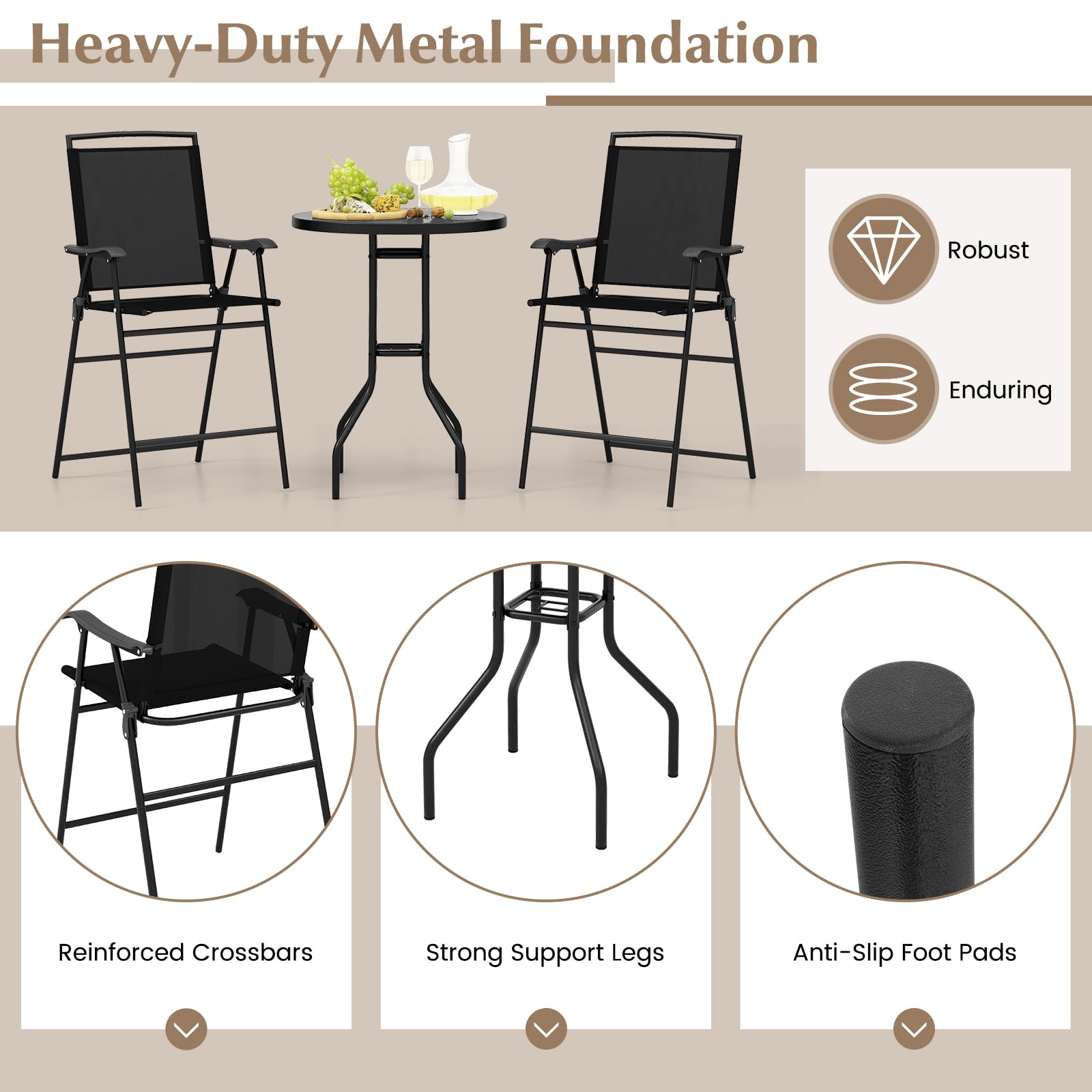 3 PCS Outdoor Bar Stool Set, Bistro Furniture with DPC Tabletop