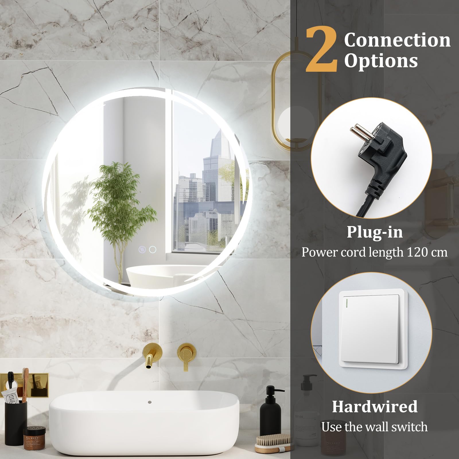 60 x 60 CM Round LED Bathroom Mirror with 3-Color Dimmable Lights