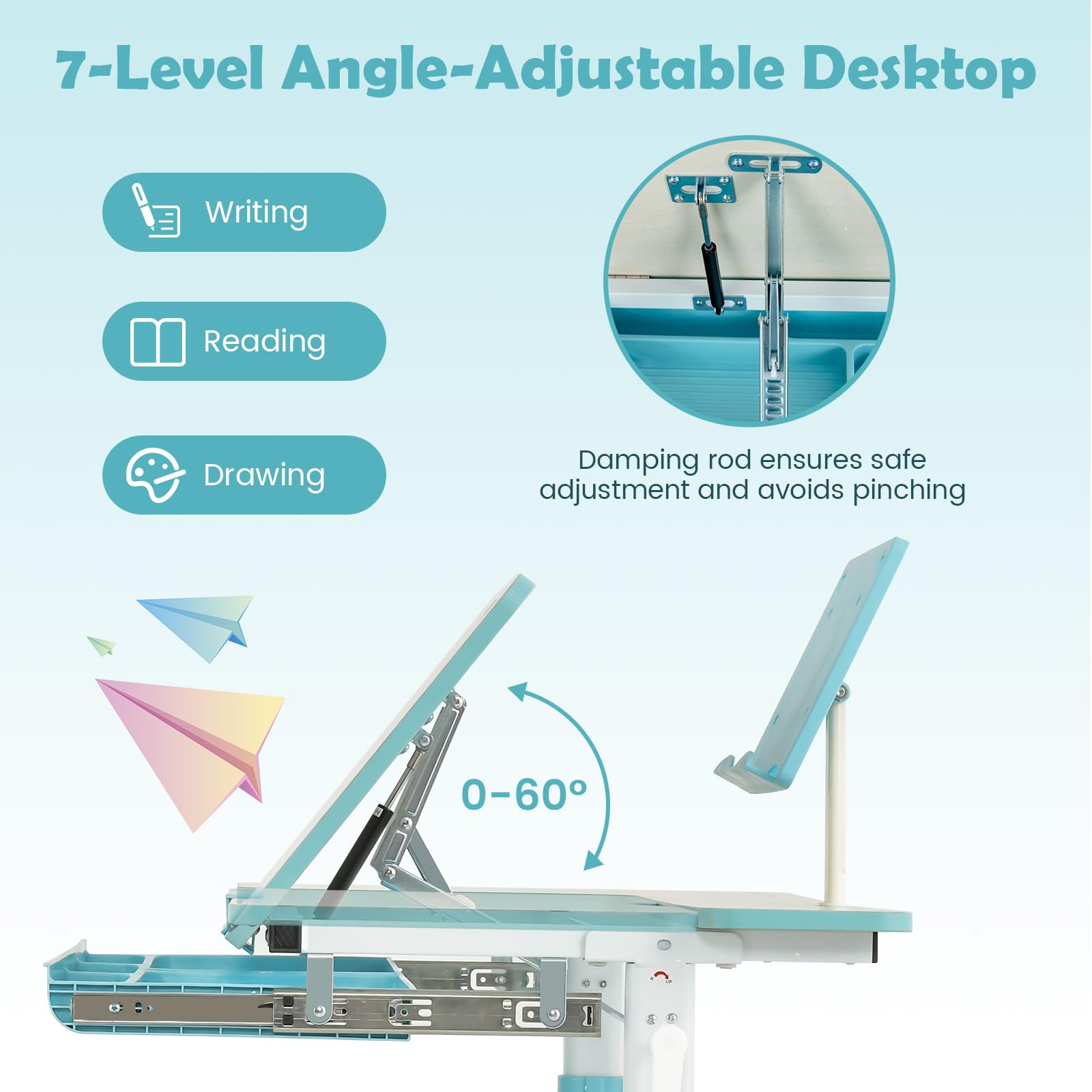 HONEY JOY Height-Adjustable Kids Desk w/Tilt Desktop & Book Stand, Storage Drawer & Scale Ruler