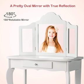 2 in 1 Kids Vanity Table & Chair Set, Princess Makeup Dressing Table with Drawer & Tri-Folding Mirror