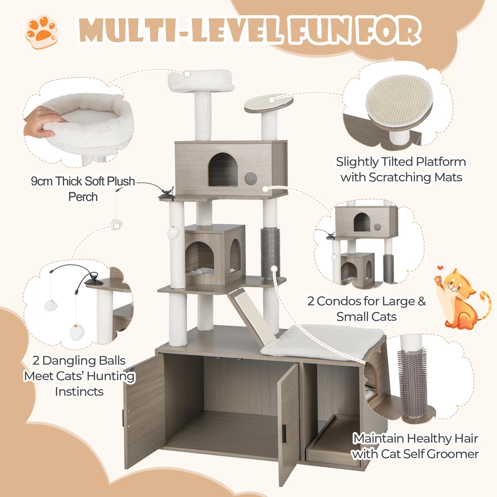 2 in 1 Cat Tree Litter Box Enclosure, Modern Cat Tower with Double Condos, Top Perch