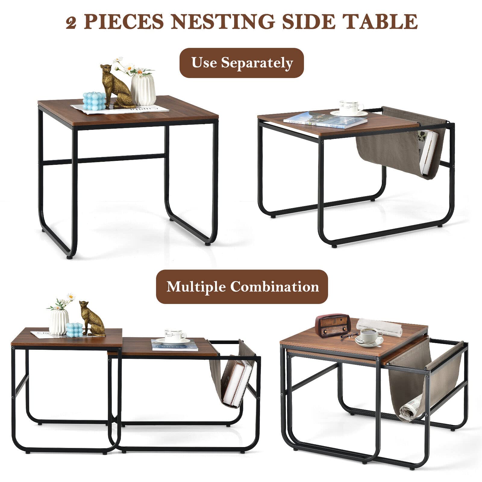 Giantex Nesting Coffee Table Set of 2, Stackable Side Table w/Magazine Holder, Rustic Brown