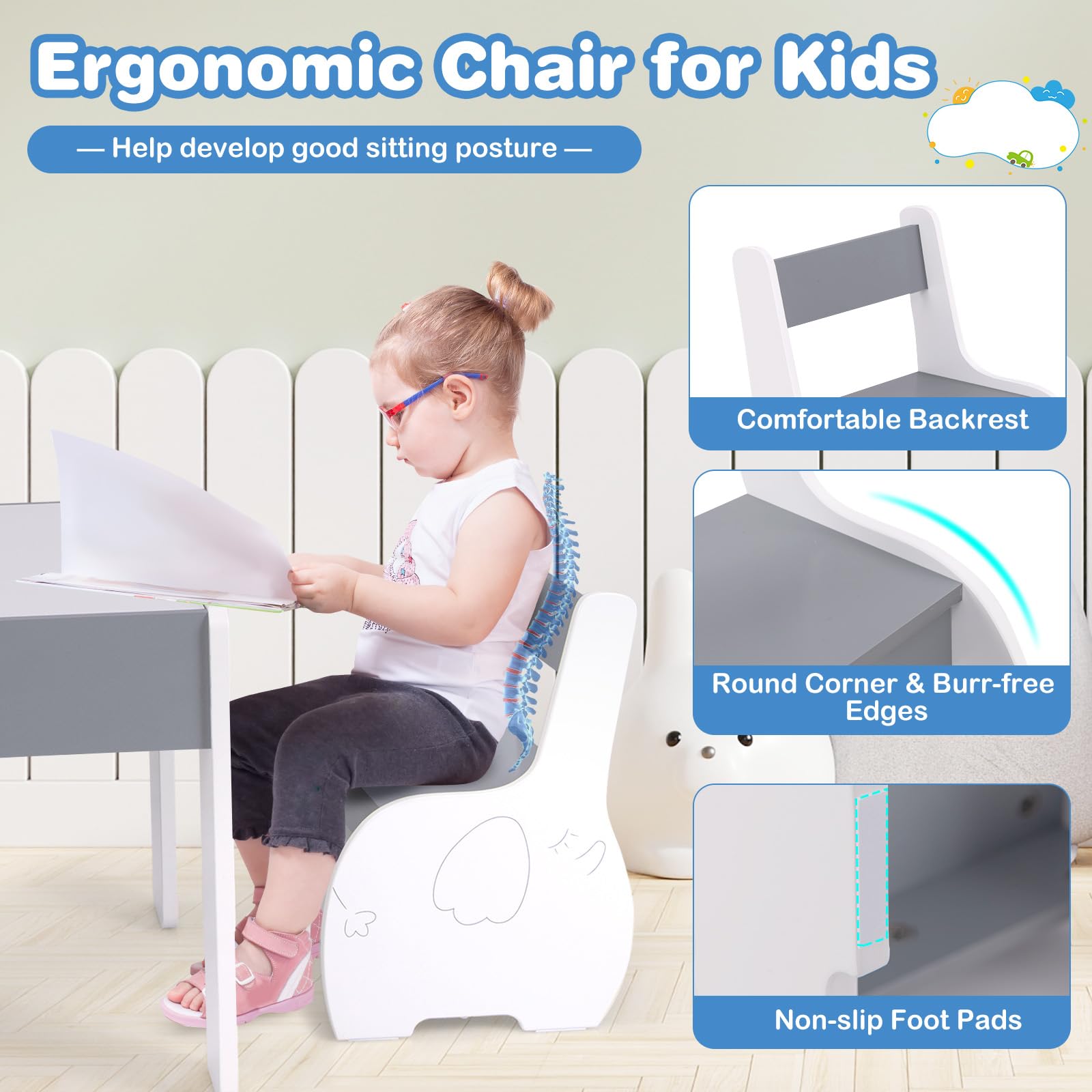 HONEY JOY Kids Table and Chair Set, 3-in-1 Wooden Activity Table and 2 Chairs for Drawing, Studying