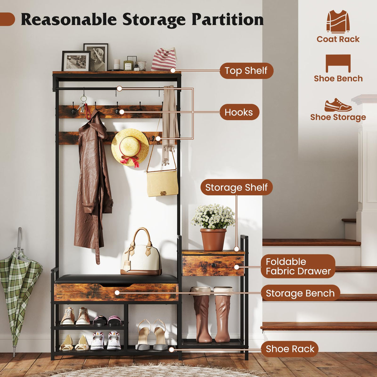 Hall Tree with Shoe Storage Bench, 178 cm Freestanding Coat Rack w/Shoe Rack