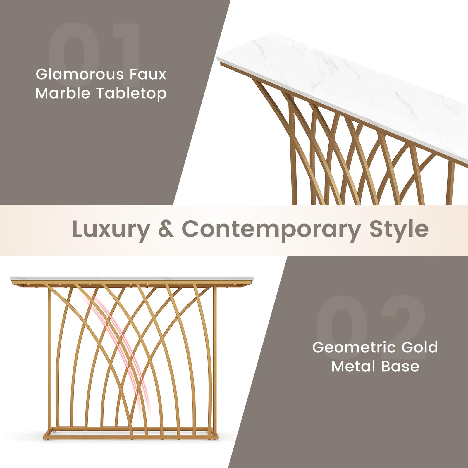 Giantex 120cm Gold Console Table, Modern Entryway Table with White Faux Marble Tabletop