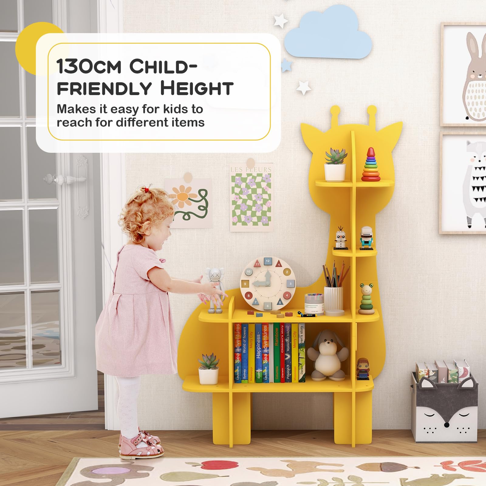HONEY JOY Giraffe Bookcase for Kids, 4-Tier Toy Storage Organizer with Open Storage Shelves