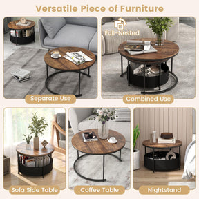 Giantex Round Coffee Table Set of 2, 80cm & 60cm Circle Cocktail Table with Fabric Storage Basket & Metal Frame