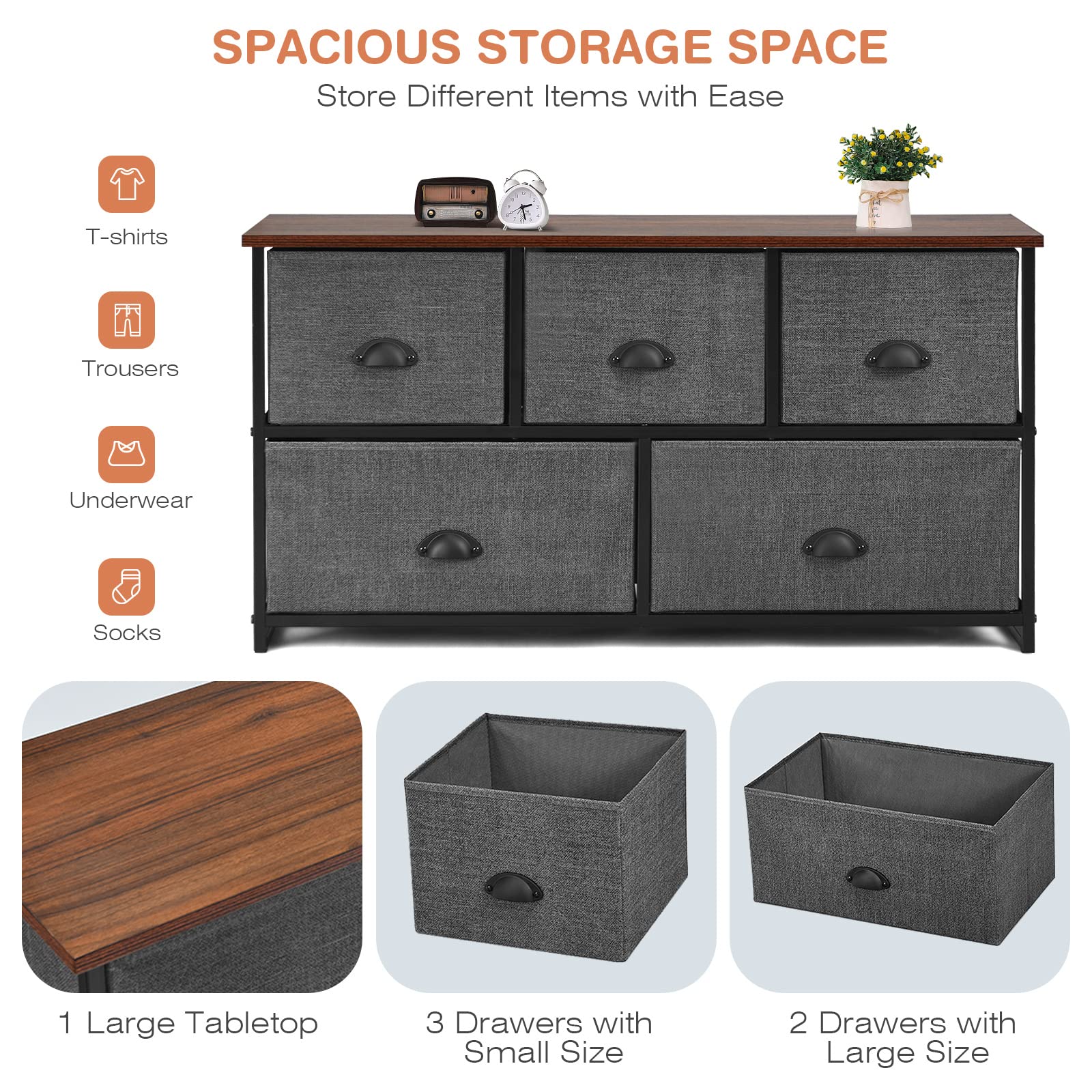 Giantex Chest of 5 Drawers, Cube Storage Organizer Unit, Dresser Unit w/Easy Pull Removable Fabric Bins