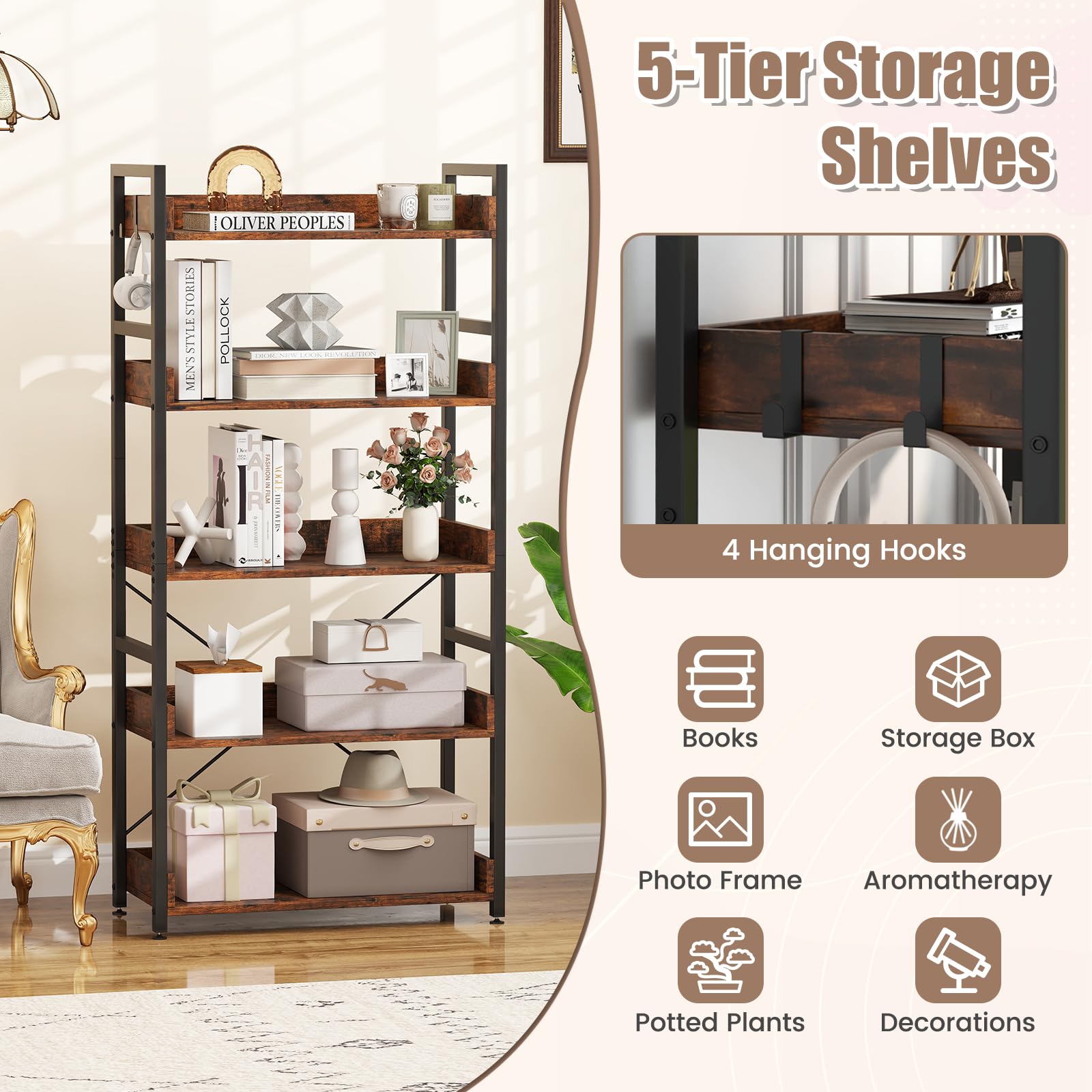 5-Tier Bookshelf,Tall Industrial Bookcase w/Open Shelves & 4 Hooks