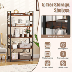 5-Tier Bookshelf,Tall Industrial Bookcase w/Open Shelves & 4 Hooks