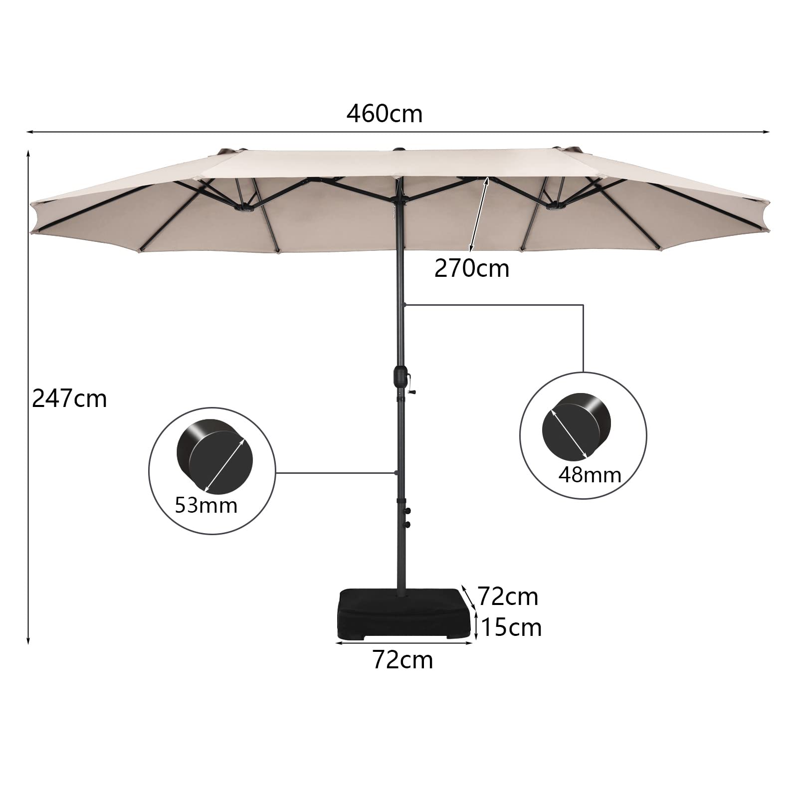 15FT Double-Sided Patio Umbrella, Ultra-Large Twin Garden Umbrella w/ 12-Rib Structure & Hand-Crank System