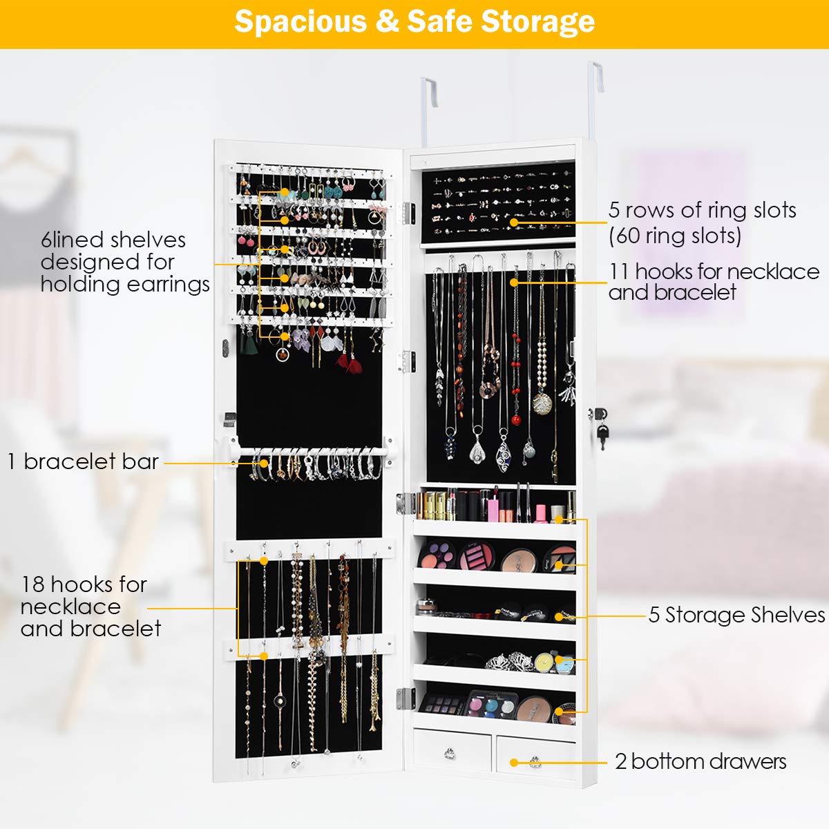 Giantex 120cm LED Jewelry Cabinet with Mirror, Lockable Jewelry Organizer with Automatic LED Lights