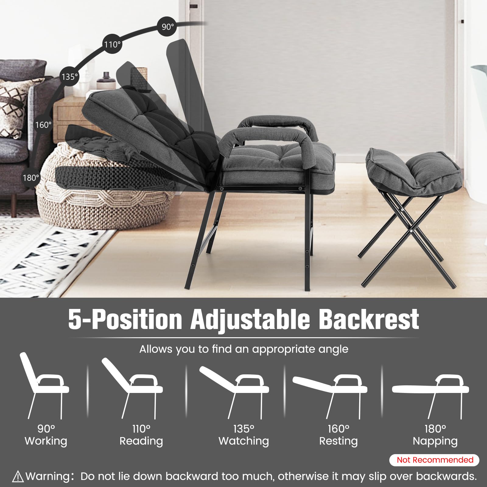 Giantex Modern Accent Chair w/Ottoman, Linen Fabric Arm Chair w/Adjustable Backrest & Solid Metal Frame