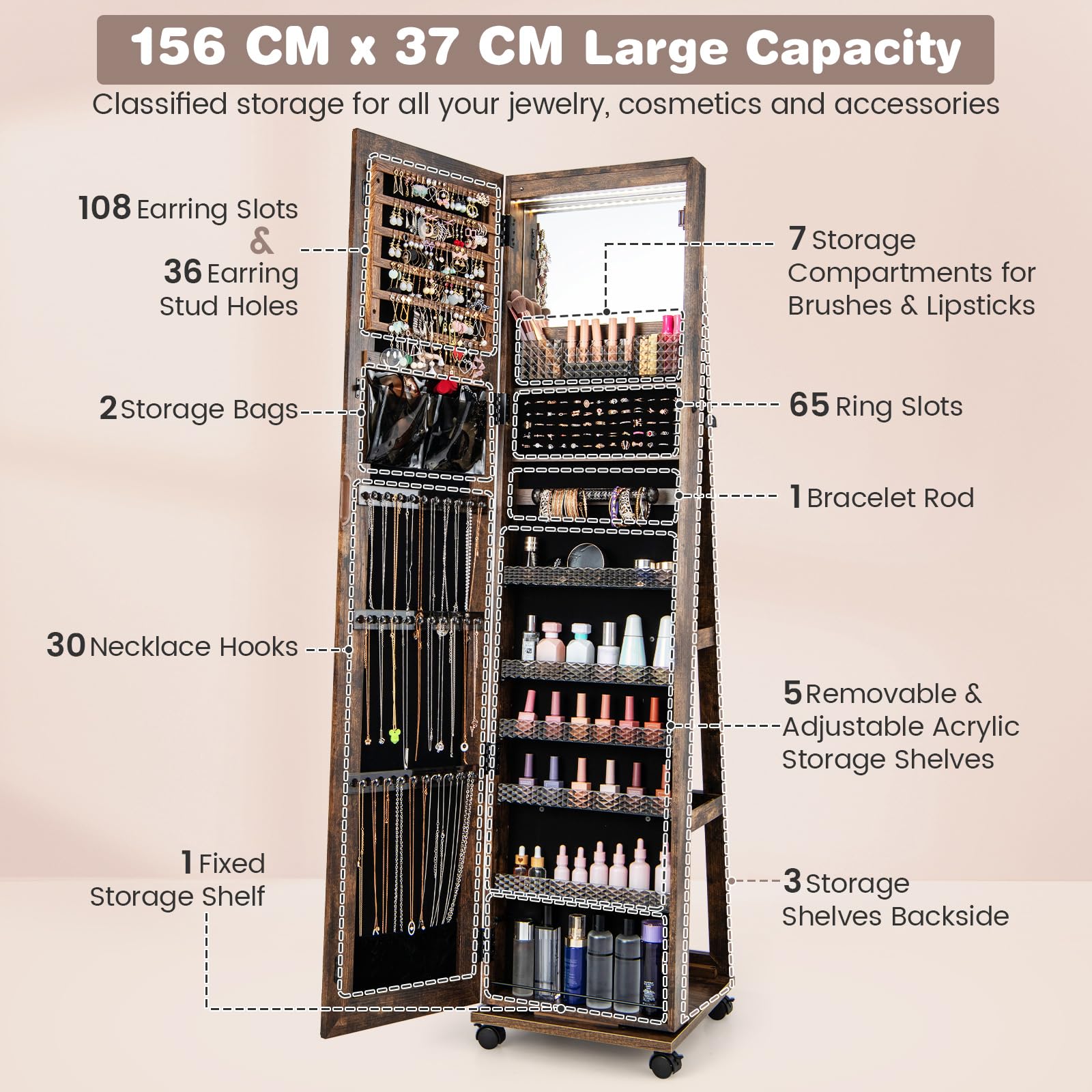 Giantex 164cm Mobile Jewelry Cabinet Armoire, Standing Lockable Jewelry Organizer