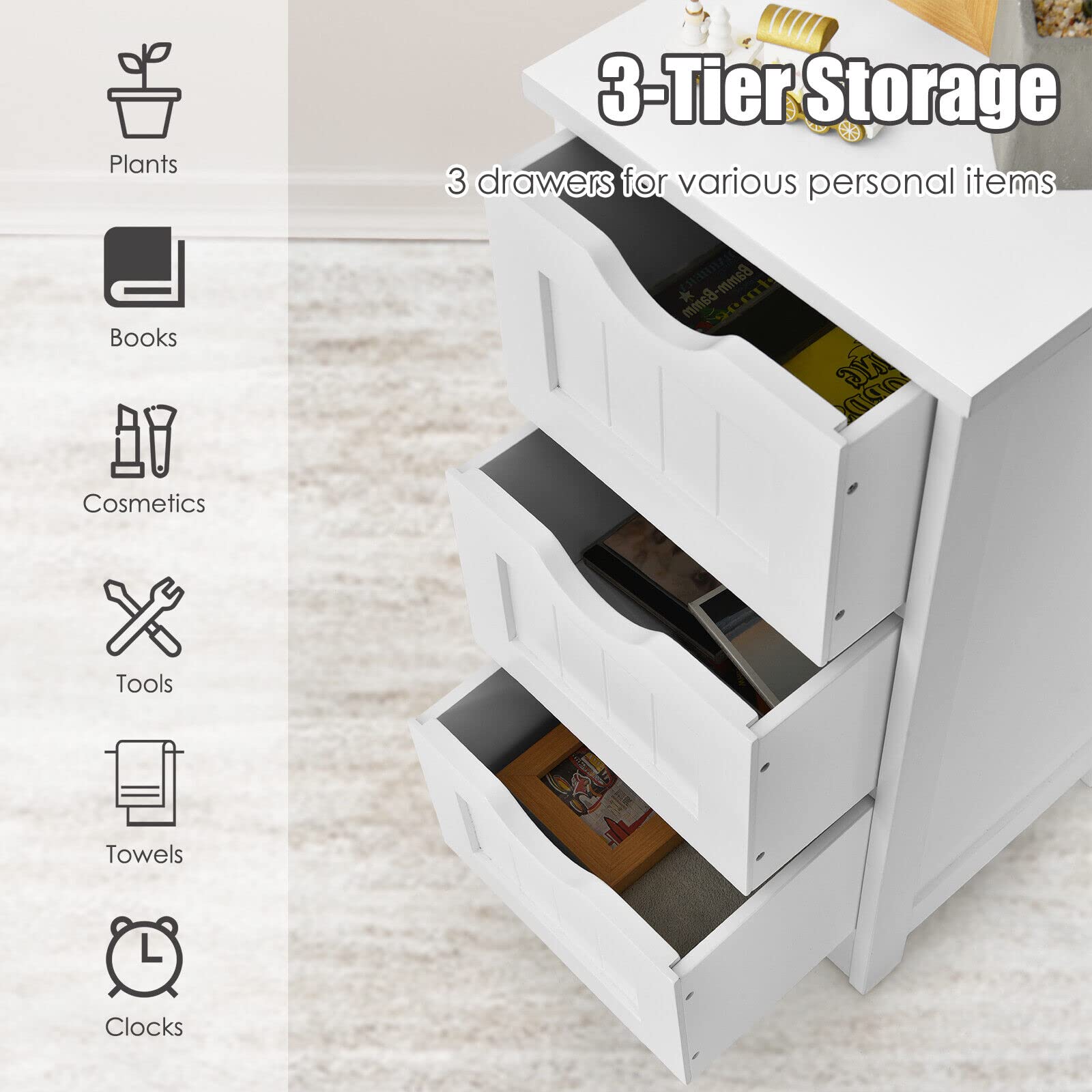Giantex Bathroom Floor Cabinet, Side Storage Organizer Cabinet with 3 Drawers, Anti-Toppling Kit, White