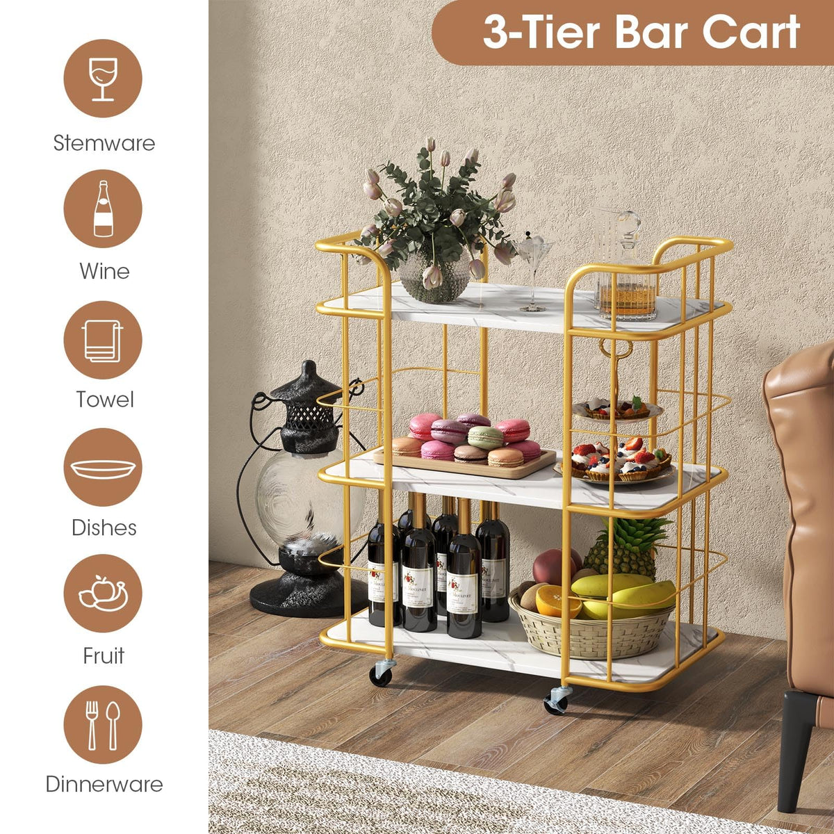 Gold Bar Cart, Home Island Service Cart, 3 Tier Storage Shelves with Guardrail, Imitation Marble Top