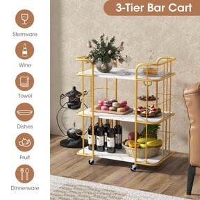 Gold Bar Cart, Home Island Service Cart, 3 Tier Storage Shelves with Guardrail, Imitation Marble Top