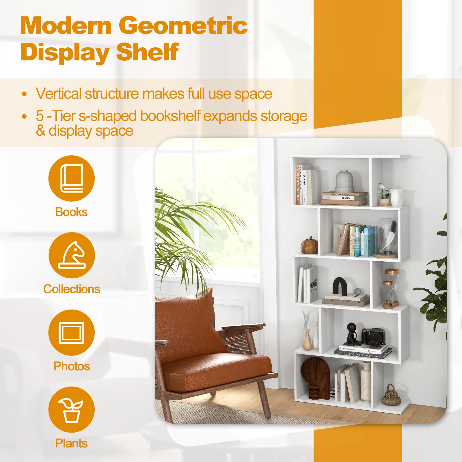 Giantex 5-Tier Bookshelf Geometric S-Shaped Bookcase w/Anti-Toppling Device