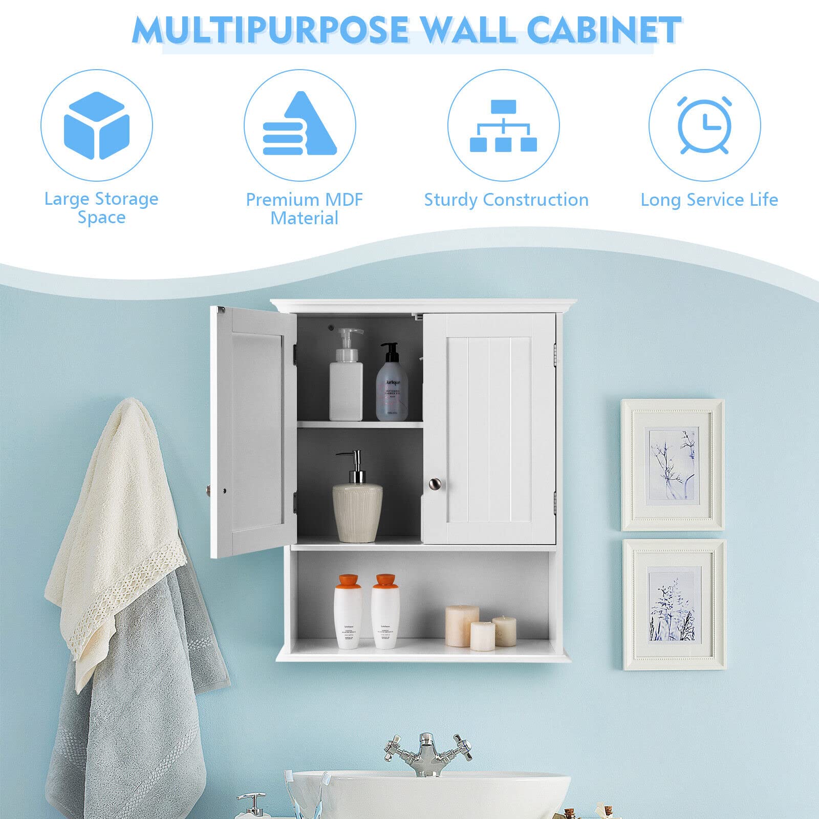 Giantex Bathroom Wall Cabinet, Wooden Hanging Cabinet w/Doors & Shelves, White