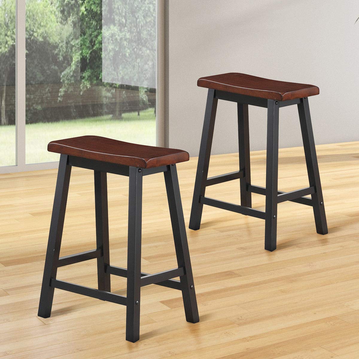 Giantex Set of 2 Bar Stools, Saddle Seat Pub Chair, Wood Vintage Counter Height Stool
