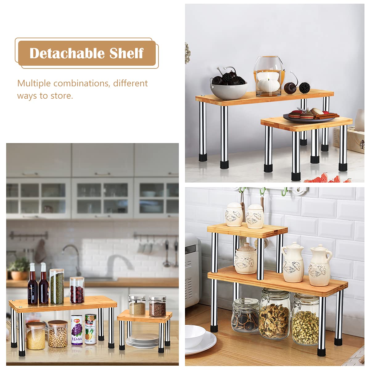 Giantex 2-Tier Storage Shelf, Premium Bamboo & Stainless Steel Corner Shelf, Storage Rack Display Shelf
