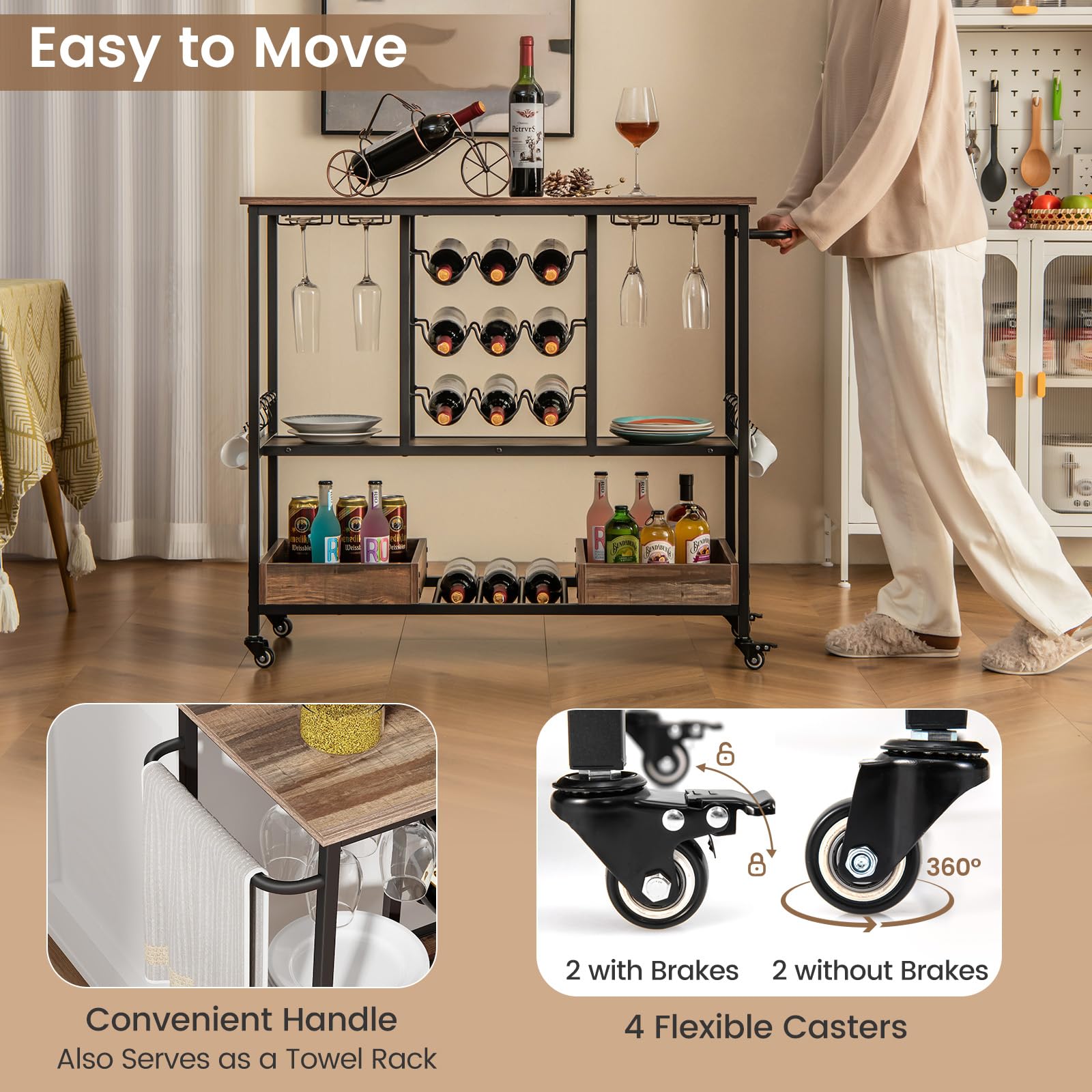 3-Tier Bar Cart Serving Cart on Wheels Industrial Rolling Beverage Cart Kitchen