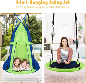 100cm Kids Detachable Hanging Tree Swing Tent, 2 in 1 Design Flying Swing & Nest swing Chair for Having Fun, Green