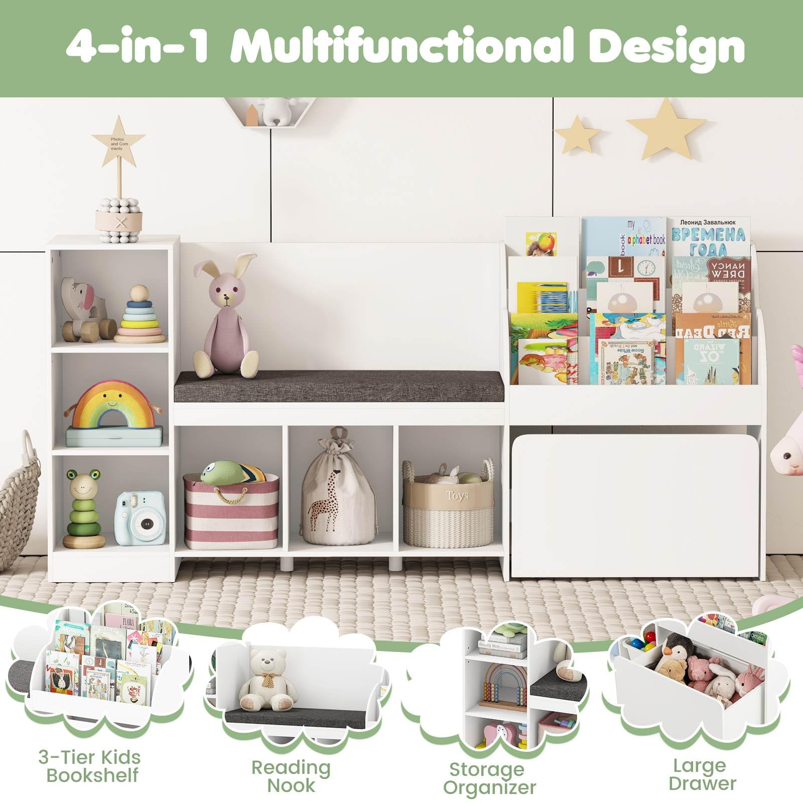 4-in-1 Standing Toy Organizer w/ Removable Seat Cushion