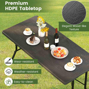 1.5m Folding Picnic Table, Outdoor Dining Table w/Wood Grain HDPE Tabletop
