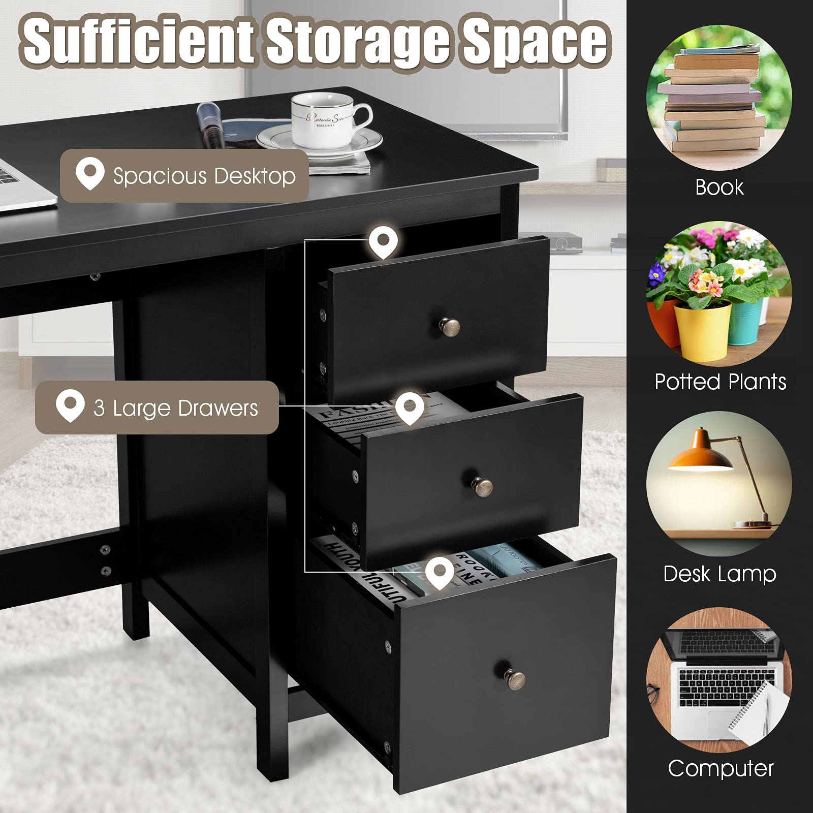 Giantex 3-Drawer Computer Desk, Multipurpose Study Desk w/Spacious Desktop