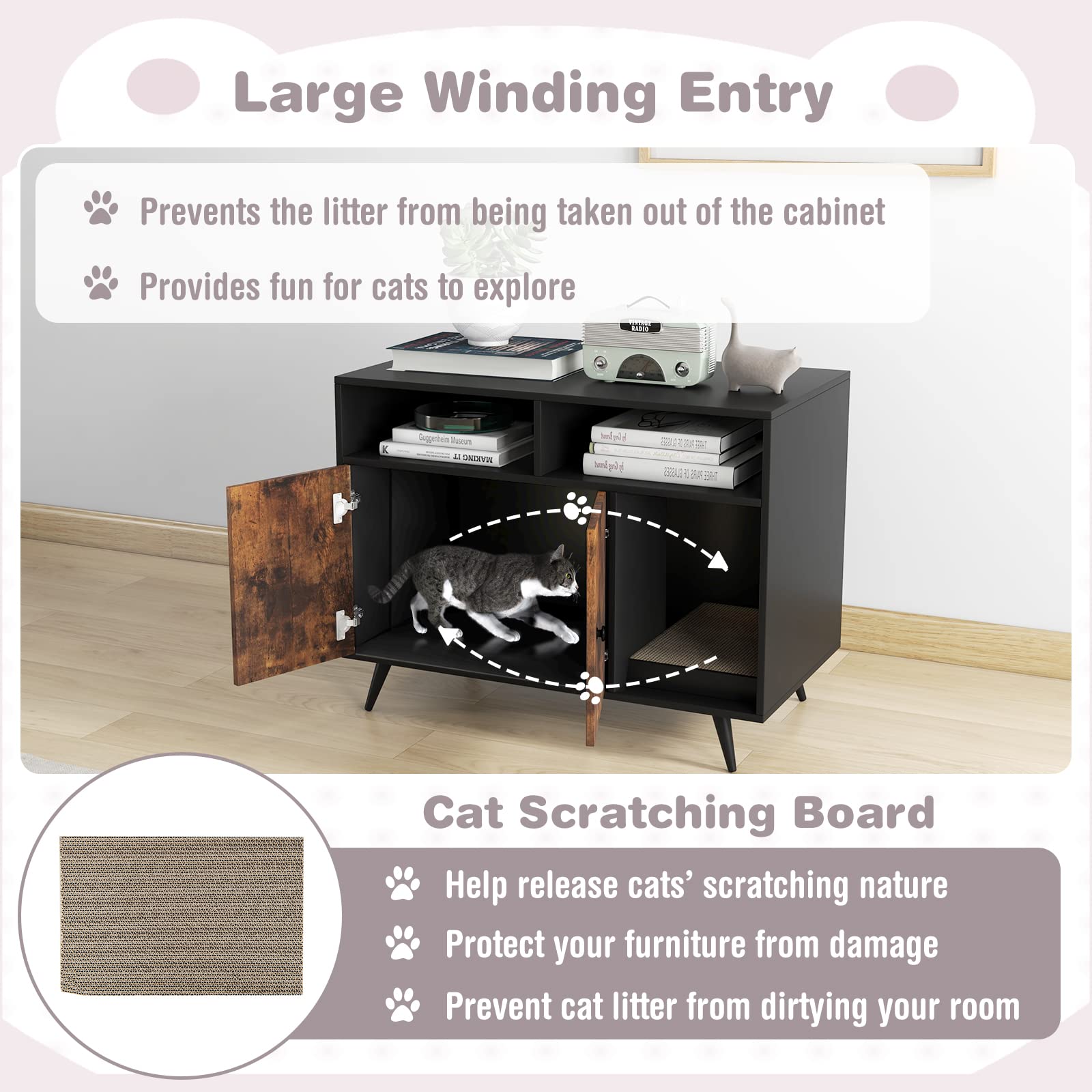 Cat Litter Box Enclosure with Scratching Pad, Slanted Metal Legs, Cat Furniture End Table Nightstand with 2 Storage Shelves