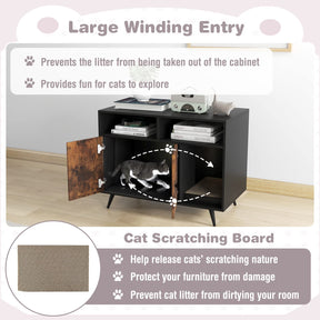 Cat Litter Box Enclosure with Scratching Pad, Slanted Metal Legs, Cat Furniture End Table Nightstand with 2 Storage Shelves