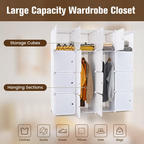 16-Cube Storage Organizer, DIY Modular Closet Storage Cabinet with Hanging Poles for Clothing