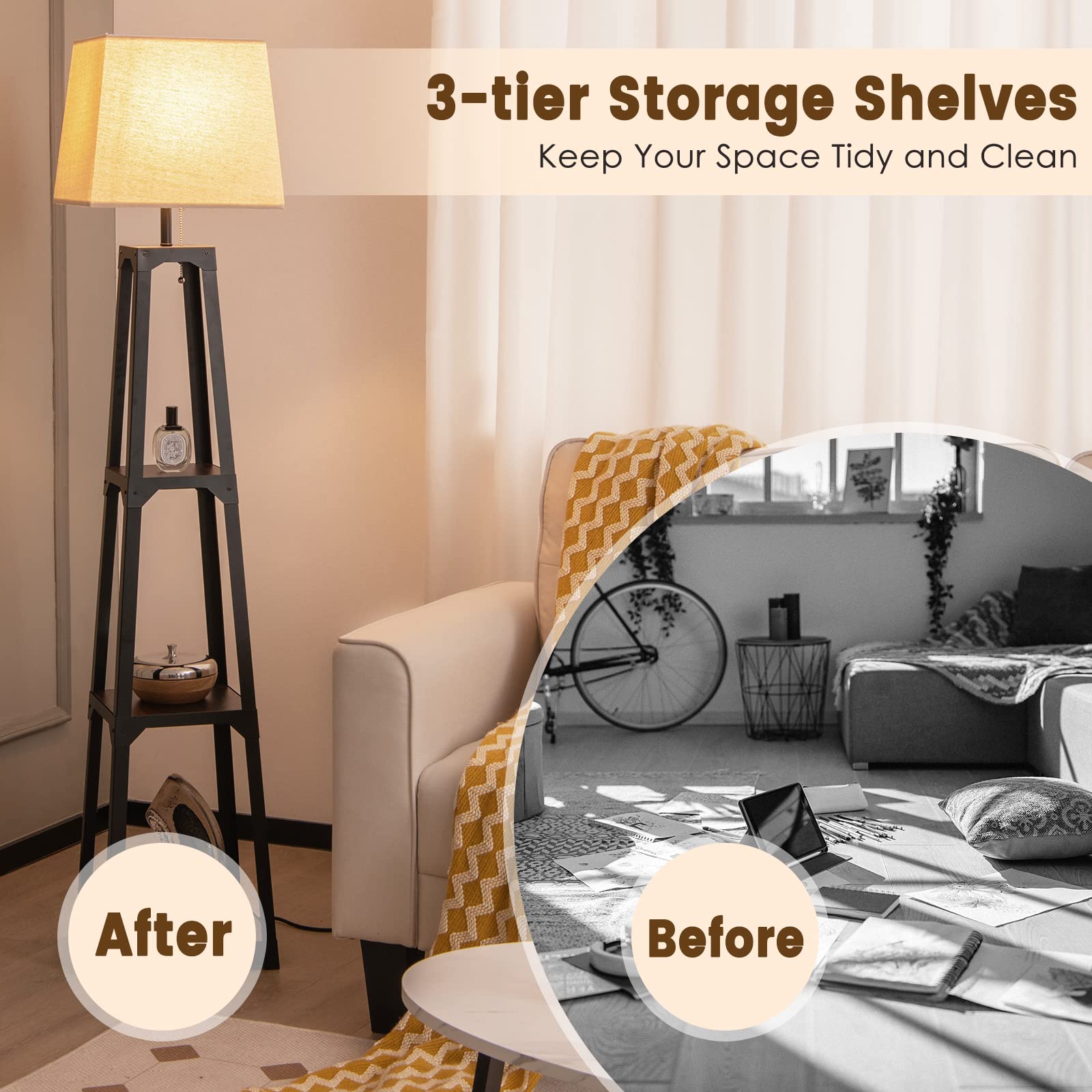 Shelf Floor Lamp, Display Floor Lamp with Shelves and Linen Lampshade
