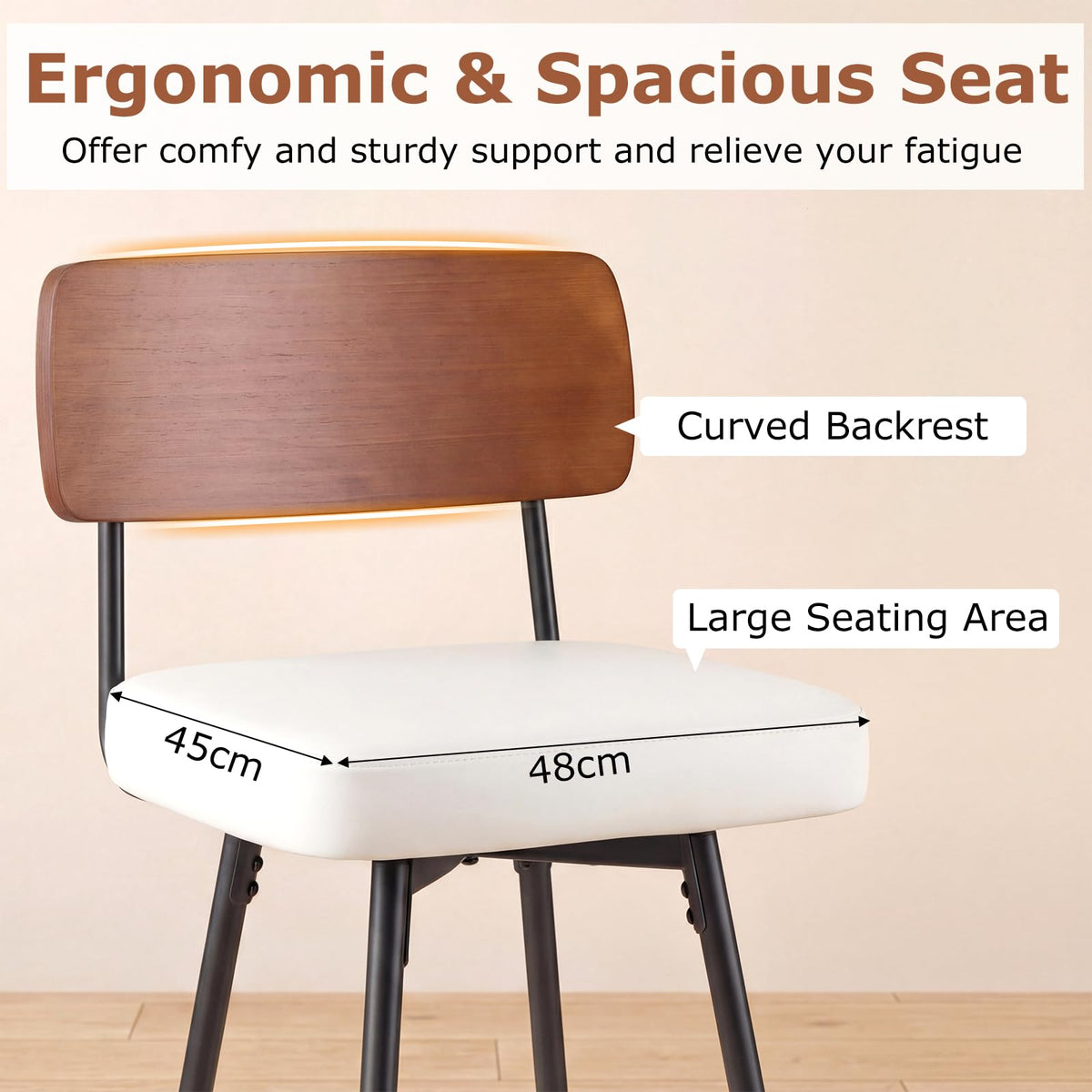 Padded Counter Barstools Set of 2, 360° Swiveling Counter Height Chairs with Wooden Backrest & Metal Legs