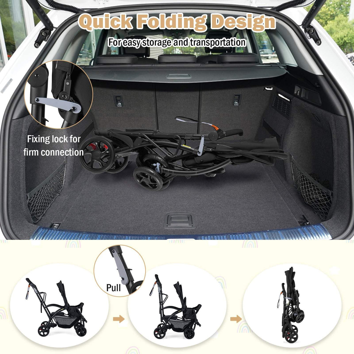 Foldable Double Stroller, Sit and Stand Stroller, with Wristband