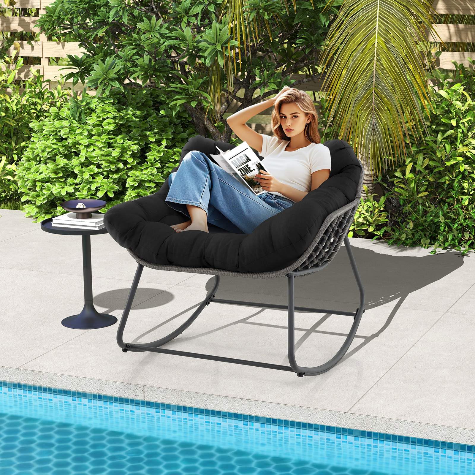 Outdoor Rocking Chair, Oversized Patio PE Wicker Egg Chair