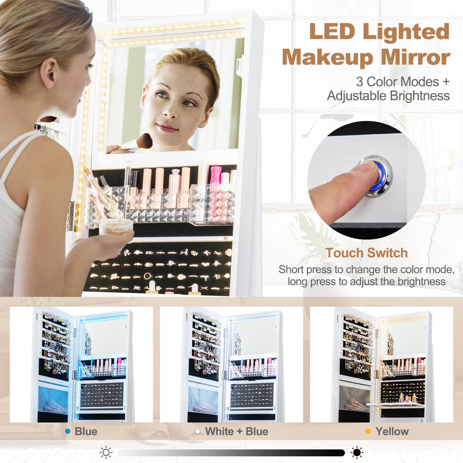 Giantex 160 cm Standing Jewelry Cabinet w/Adjustable LED Lights, 360° Swivel Lockable Jewelry Armoire Organizer w/Full-Length Mirror