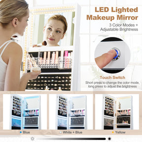 Giantex 160 cm Standing Jewelry Cabinet w/Adjustable LED Lights, 360° Swivel Lockable Jewelry Armoire Organizer w/Full-Length Mirror