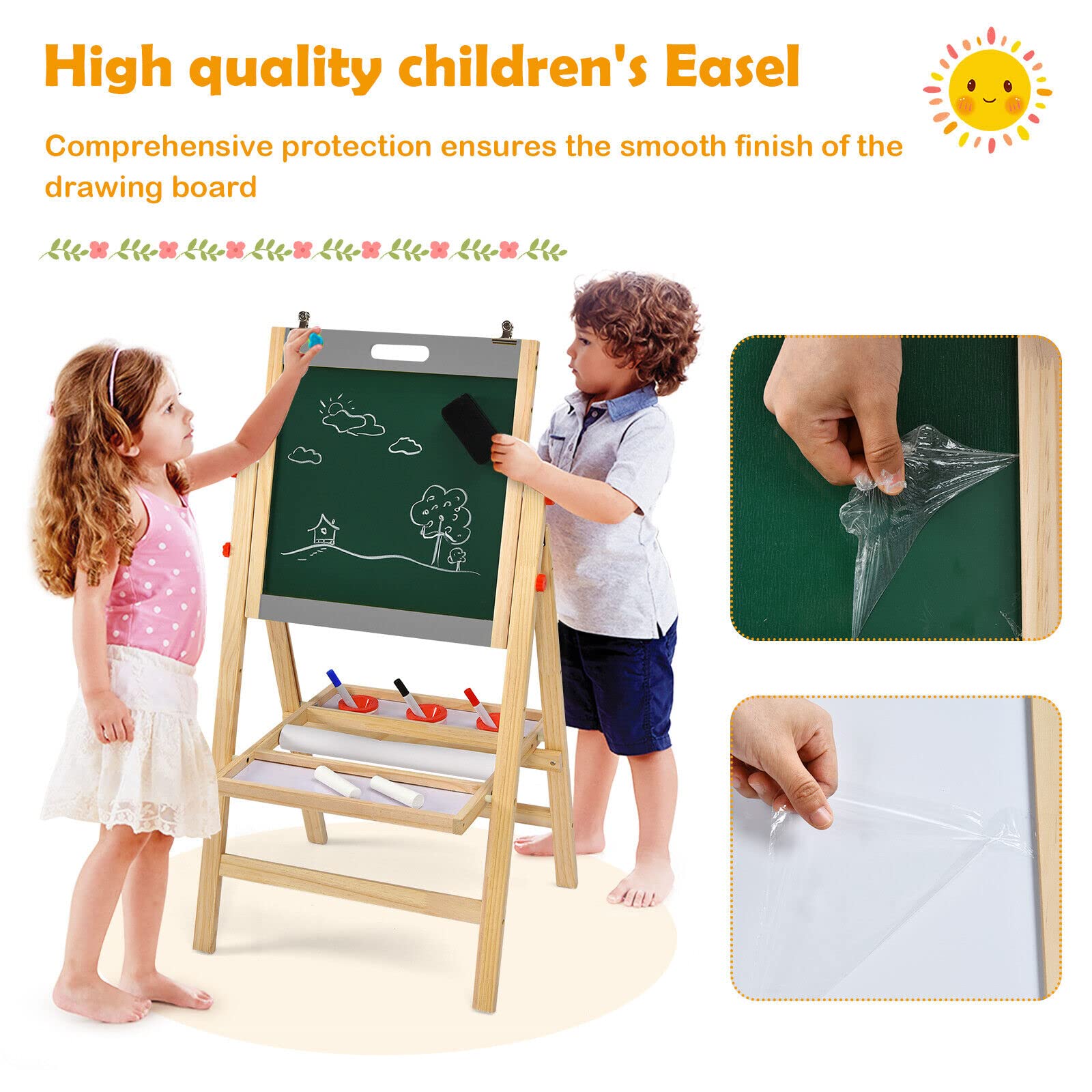 BABY JOY Kids Art Easel, 3-in-1 Wooden Toddler Easel w/Paper Roll, Storage Tray, Eraser