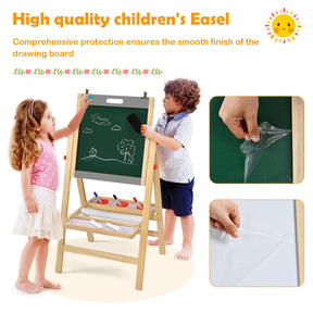 BABY JOY Kids Art Easel, 3-in-1 Wooden Toddler Easel w/Paper Roll, Storage Tray, Eraser