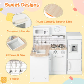 HONEY JOY Kids Corner Kitchen Playset, Wooden Play Kitchen Toy Set w/Realistic Microwave, Oven