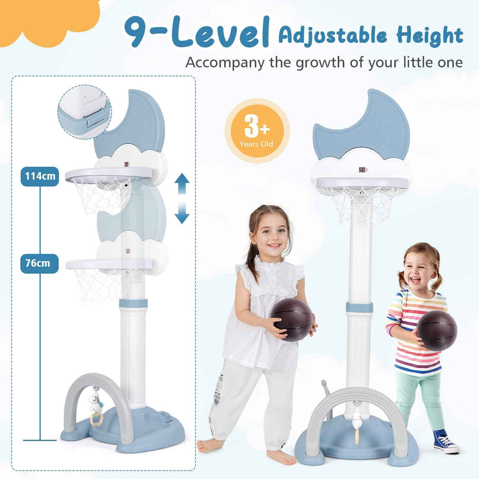 4-In-1 Kids Basketball Hoop, Adjustable Height Kids Sports Center w/Moon-shaped Electronic Scoreboard Ring Toss