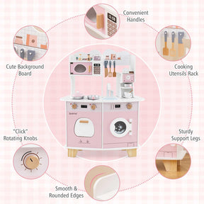 All-in-1 Wooden Kids Kitchen Playset, Pretend Play Kitchen w/Coffee Maker, Microwave, Oven