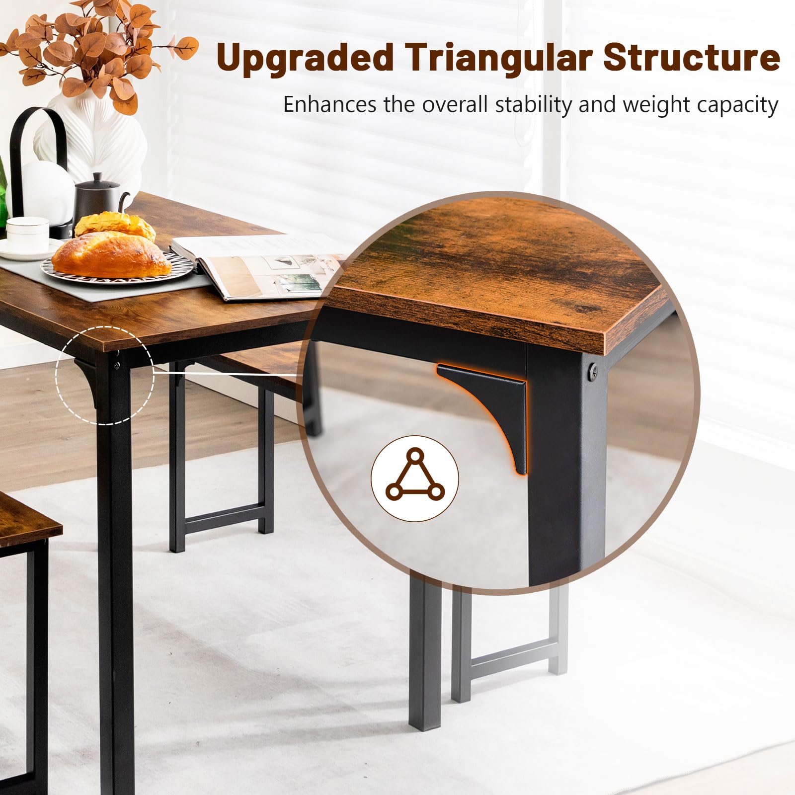 Giantex Dining Table Set for 4, 3 PCS Farmhouse Kitchen & Dining Room Furniture Kit with 2 Benches