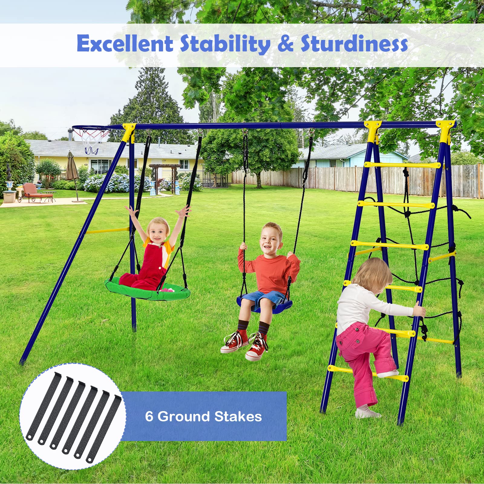HONEY JOY 5-in-1 Metal Climb and Swing Set with 2 Tree Swings, Climbing Ladder
