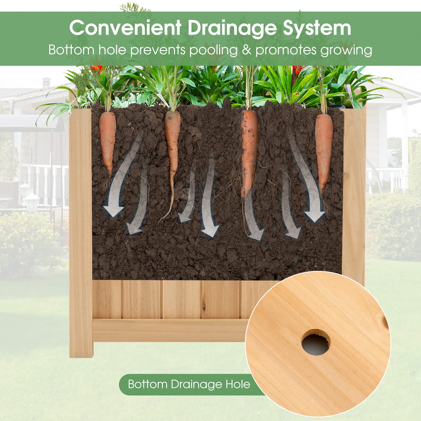 Fir Wood Raised Garden Bed, Outdoor Elevated Planter w/Drainage Hole